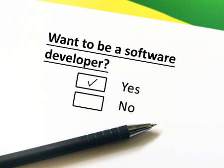One person is answering question about his ambition. He wants to be a software developer.の写真素材