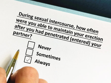 One person is answering question about erectile dysfunction. The person always maintain his erection...