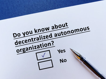 A person is answering question about artificial intelligence. He knows about decentralized autonomous organization.の写真素材