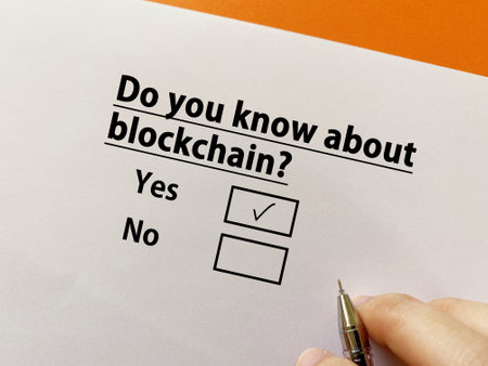 A person is answering question about artificial intelligence. He knows about blockchain.の写真素材