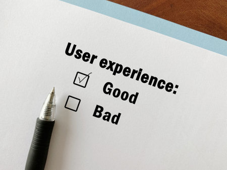 A person is answering question about advertisement. He thinks the user experience is good.の写真素材