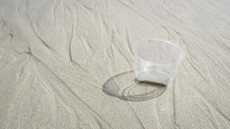 Empty used drinking water transparent plastic bottle on the beach. Dirty sandy shore the black sea....