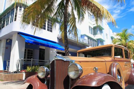 Antique automobile on ocean drive, Art Deco area of South Beach Floridaの写真素材