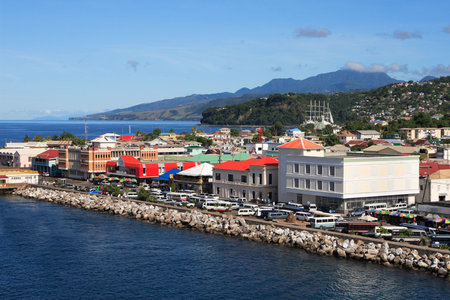 Cruise coming into a caribbean city Roseau on the island of Dominicaの写真素材