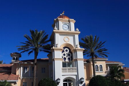 Tropical Tower in south Florida with palm treesの写真素材