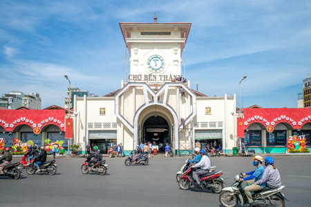 The entrance of Saigon Central Market, also known as Ben Thanh market, one of the earliest surviving structures in Saigon and an important symbol of Ho ChÃ­ Minh Cityのeditorial素材