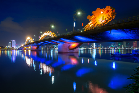 Dragon Bridge in Da Nang at nightの写真素材