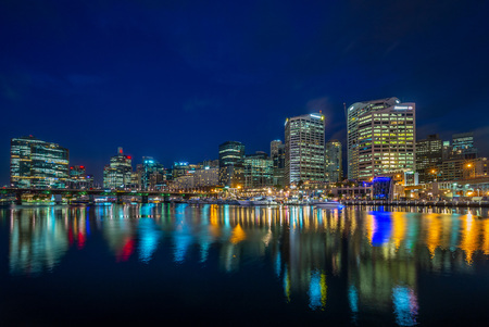 night view of darling harbor in sydney, australiaの写真素材
