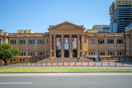Sydney, Australia - January 8, 2019: facade of public library of new south wales, a large heritage-listed special collections, reference and research library open to the publicのeditorial素材