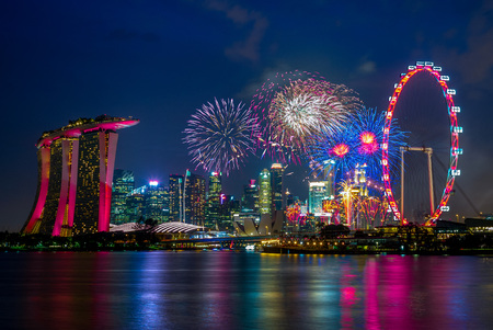 night view of singapore with fireworkのeditorial素材