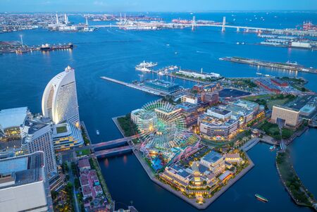 aerial view of yokohama port in japan at nightの写真素材