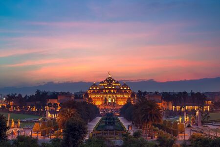 night view of akshardham temple in delhi, indiaの写真素材
