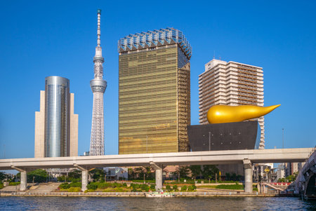 Tokyo, Japan - June 13, 2019: Asahi Beer Hall, designed by French designer Philippe Starck and was...
