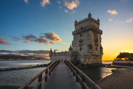 belem tower in belem district of lisbon at duskのeditorial素材