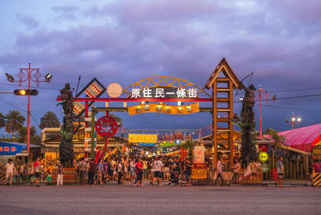 August 2, 2020: Aboriginal Street of Dongdamen Night Market, opened in July 2015 and located in Hualien City, Taiwan. It is the largest night market in the county with more than 400 vendors.のeditorial素材