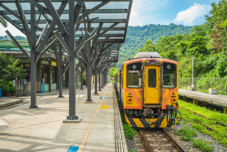 Train at Neiwan railway in Hsinchu, Taiwan. the translation of the chinese text is neiwan, the name...