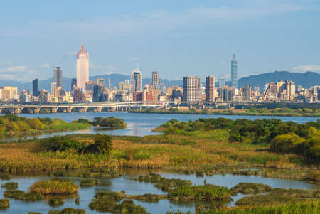 scenery of taipei city by the river in taiwanの写真素材
