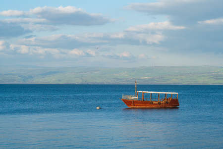 Boat on the sea of galilee, Lake Tiberias, Kinneret, in israelのeditorial素材