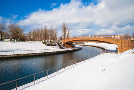 snowscape of Fugan canal kansui park at toyama city in japanの写真素材