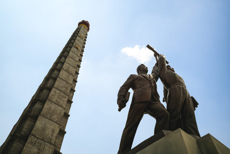 April 29, 2019: Up close view of the Juche Tower and the accompanying monument to the Workers Party...