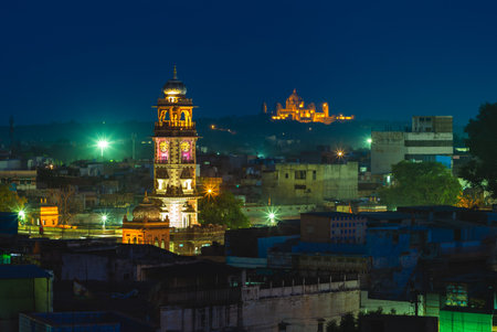 Ghanta ghar Clock tower in jodhpur, rajasthan, india at nightの写真素材