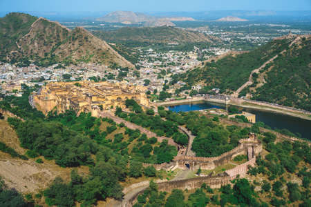 view over Amer fort from Jaigarh Fort in Jaipur, Rajasthan, Indiaの写真素材