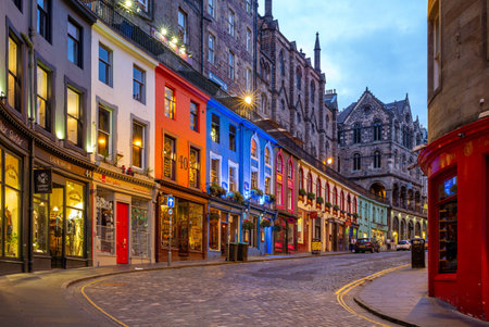 Edinburgh, UK - July 9, 2018: victoria street, built between 1829-34 as part of a series of improvements to the Old Town, with the aim of improving access around the cityのeditorial素材