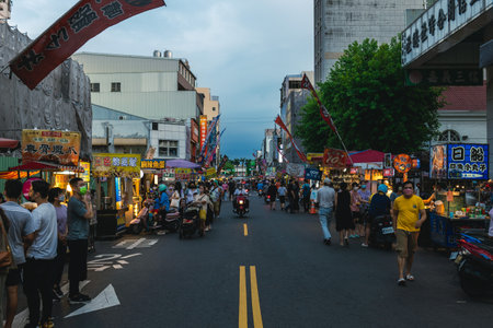 July 13, 2022: Wenhua Road Night Market in Chiayi city, taiwan. It is a pedestrian area where all kinds of local snacks and delicacies can be sampled and extends for almost half a kilometerのeditorial素材
