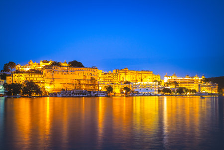 night view of city palace in udaipur, rajasthanのeditorial素材