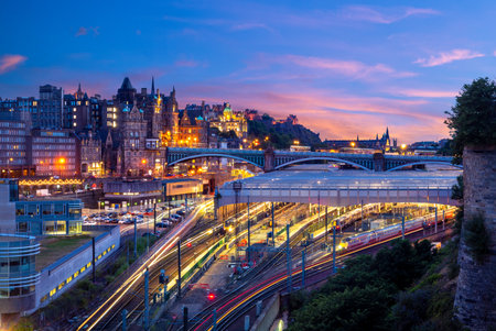 night view of waverley station in edinburgh, scotlandのeditorial素材