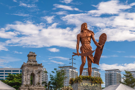May 5, 2023: Lapulapu statue at Mactan Shrine in Mactan island, Cebu, Philippines. It was erected to honor the first Filipino hero, Rajah Lapu Lapu, who stood up against the Spanish colonizers.のeditorial素材