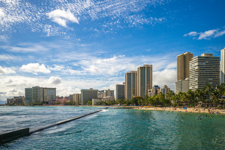 Skyline of Honolulu at Waikiki beach, Oahu island in Hawaii, USのeditorial素材