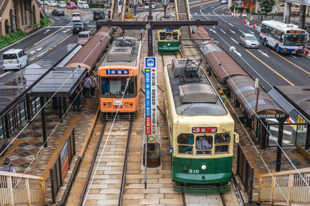 March 21, 2023: tramcar of Nagasaki City Electric Tramway, a private tram system in Nagasaki, Kyushu, Japan. It was opened on November 16, 1915 and provides a convenient way to travel around the cityのeditorial素材