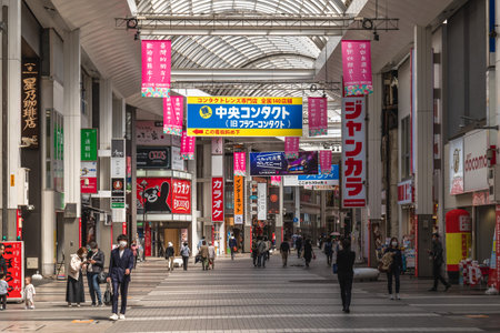 March 22, 2023: Shimotori andKamitori shopping arcade, the largest shopping arcade of Kumamoto Prefecture in Kyushu, Japan. The high arched ceiling of the arcade was built in the style of Orsay museumのeditorial素材