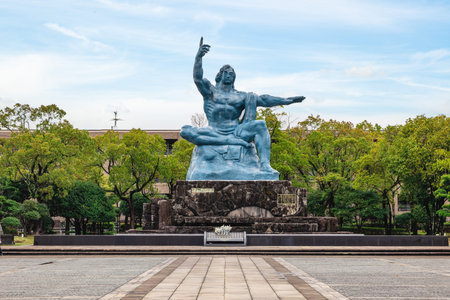 March 24, 2023: Peace statue at the peace park in Nagasaki city, Kyushu, Japan. This park commemorates the atomic bombing of Nagasaki on August 9, 1945 which destroyed the city and killed inhabitants.のeditorial素材