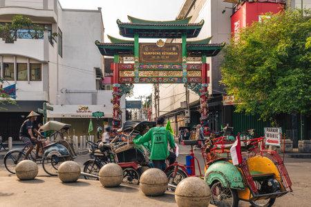 July 17, 2023: Entrance gate of Kampung Ketandan, a Chinese Village located in Malioboro, the center of Yogyakarta, Indonesia. It is designated as Chinatown area around 200 years ago.のeditorial素材