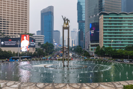 July 12, 2023: Selamat Datang Monument located at Hotel Indonesia roundabout in Central Jakarta, Indonesia. It was completed in 1962 by sculptor Edhi Sunarso. Selamat Datang is Indonesian Welcome.のeditorial素材