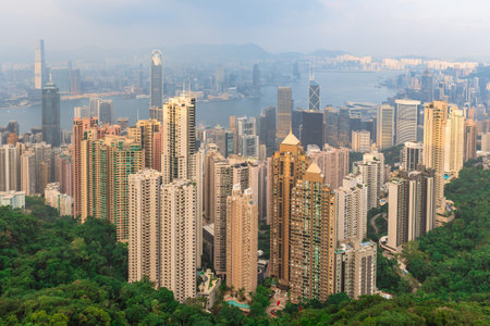 view of victoria harbor and hong kong island over victoria peak in hongkong, china