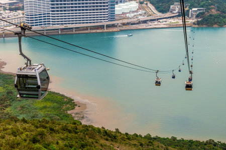 Ngong Ping bicable gondola lift on Lantau Island in Hong Kong, China.の写真素材
