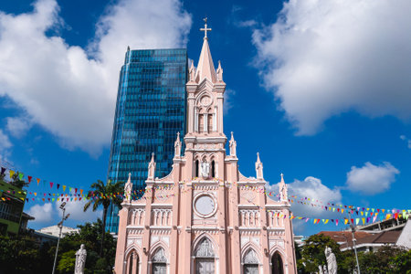 Da Nang Cathedral, the pink church, located in Danang, Vietnamの写真素材