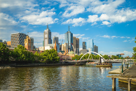 Skyline of Melbourne city business district, CBD, located in Victoria state, Australiaの写真素材