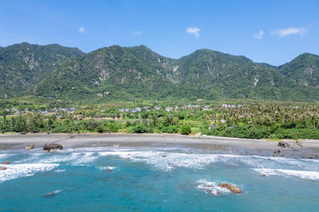 aerial view of Dulan beach located in Taitung county, Taiwanの写真素材