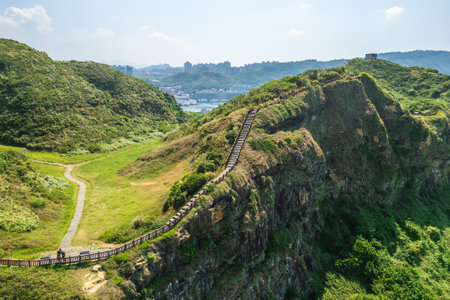 Aerial view of Badouzi Coastal Park, aka Wangyou Valley, in keelung, taiwanの写真素材