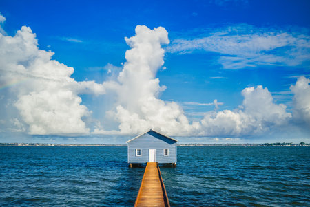 Crawley Edge Boatshed, the blue boat houes, located in Perth, Western Australia, Australiaの写真素材