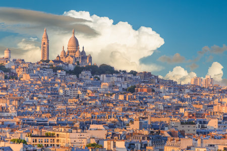 Sacred Heart of Montmartre located on the top of Montmartre hill in Paris, Franceの写真素材