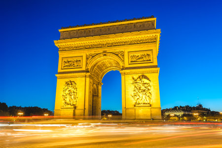 Night scene of Arc de Triomphe, the most famous monuments in Paris, Franceの写真素材
