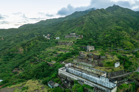 Aerial view of Shuinandong Smelter, aka the Remains of the 13 Levels, in Ruifang township, New Taipei City, Taiwanの写真素材