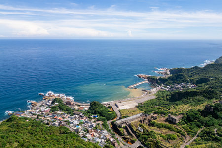 Aerial view of Shuinandong fishing port and Yinyang sea in New Taipei City, Taiwanの写真素材