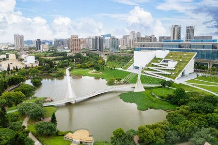 Aerial view of green pond park in Taoyuan city, Taiwan
