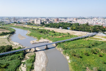 Aerial view of a heritage Steel Bridge at Huwei township, Yunlin county, Taiwanの写真素材